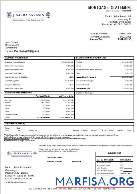Realistic Switzerland Bank J. Safra Sarasin bank mortgage statement in Word and PDF formats example